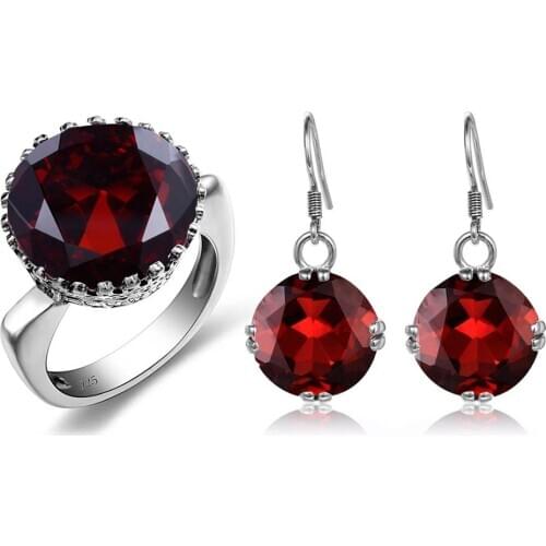 Szjinao Silver Jewelry Set For Women Vintage Red Garnet Big Gemstone Earrings Ring Set Real 925 Sterling Silver Fashion Jewelry