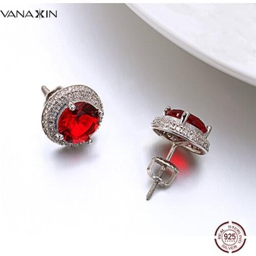VANAXIN 925 Luxury Bling Bling Jewelry Rhodium-plated Earrings Red Green Blue Crystal Clear CZ Silver Stud Earrings For Women