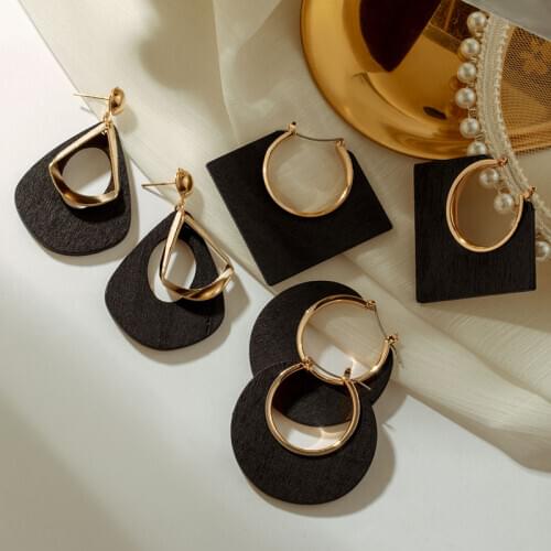 Vintage Elegant Natural Wood Dangel Earrings For Women Fashion Bohemian Gold Geometric Splicing Hollow Drop Earring Jewelry Gift
