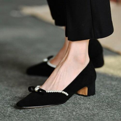 2021 New Spring Autumn Leather Women Shoes Handmade Beaded Thick Heel Single Shoes Black High Heels Women Pumps Shoes