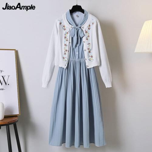 Women Spring Autumn Two Pieces Dress Set 2021 New Graceful Embroidery Knitted Coats+Blue Bow Dresses Suit Lady Elegant Cardigan