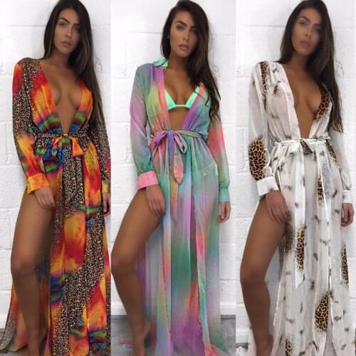 Summer Beach Cover Up Women Colorful Gradient Long Sleeve Beach Dress For Women Leopard Print Bandage Cardigan Beach Tunic Pareo