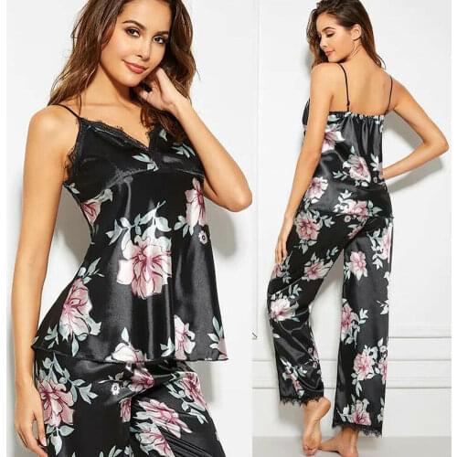 2020 Hot Sell Fashion Women Ladies Summer Pyjamas Sets V-Neck Lace Floral Sleeveless Nightwear Pyjama 2pcs Set