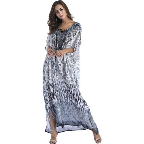 2021 Bohemian Printed Swimwear Cover-ups Plus Size Boho Kaftan Women Beach Wear Swim Suit Cover Up Sexy V-neck Beach Dress A521