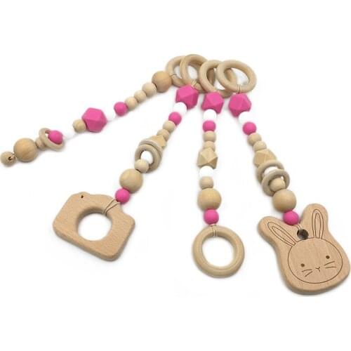 Baby Teether Toy Wooden 4 Pcs Set Baby Gym Toy Woody Animals Ring BPA Free Silicone Beads Maple Beads Charms Wooden Teether Toy