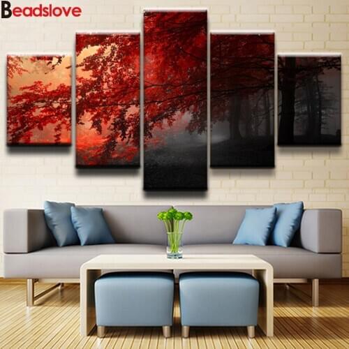 5 Panels Fall Forest Red Tree fog Paintings diamond Embroidery full Diamond Painting Rhinestone 100% Square Round drills Mosaic