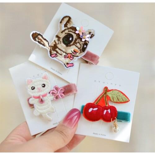 6pcs/Lot Kids Girl Embroidery Birthday Hairpin Cherry Squirrel Children Hair Clip Cartoon Animal Cat Barrettes Hair Accessories