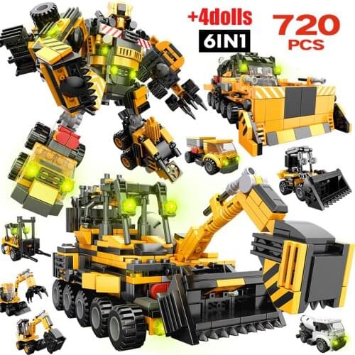 6 in 1 Technical City Engineering Car Robot Building Blocks DIY Excavator Cement Mixer Vehicle Figures Bricks Toys For Children