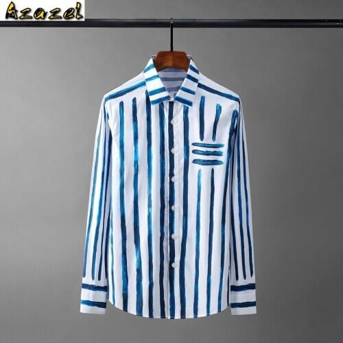 Azazel Male Shirts High Quality Long Sleeve Blue Stripe Printed Casual Mens Dress Shirts Fashion Slim Fit Party Man Shirts 4XL