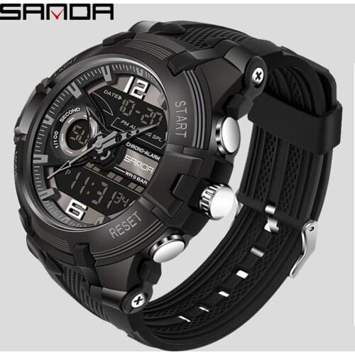 SANDA Mens Watches Black Sports Watch LED Digital 5ATM Waterproof Military Watches S Shock Male Clock relogios masculino 6015