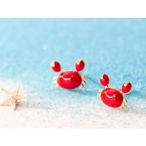 Colusiwei 100% 925 Sterling Silver Cute Ocean Crab Red Enamel Stud Earrings for Women Fashion Earrings Jewelry Gift S925