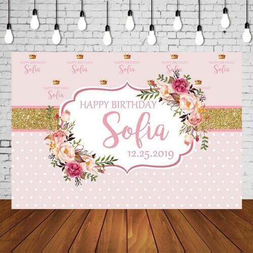 Custom Floral Backdrop Girl Princess Birthday Party Banner Photography Background Pink Golden Glittering Mural Poster Decoration