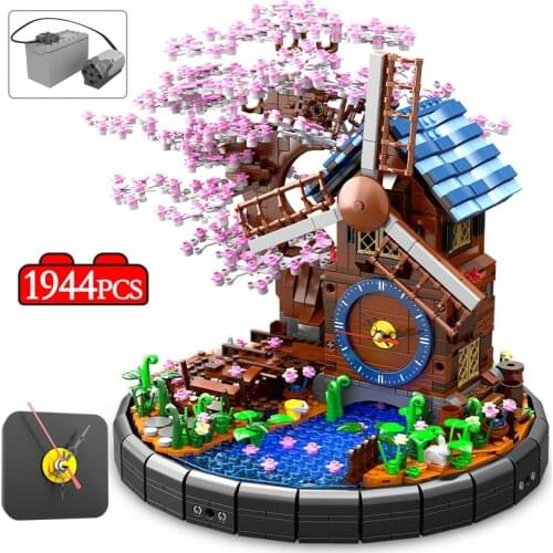 City Street View Electric Rotating Sakura Windmill Tree House Building Blocks Friends Flower Architecture Bricks Toys For Girls