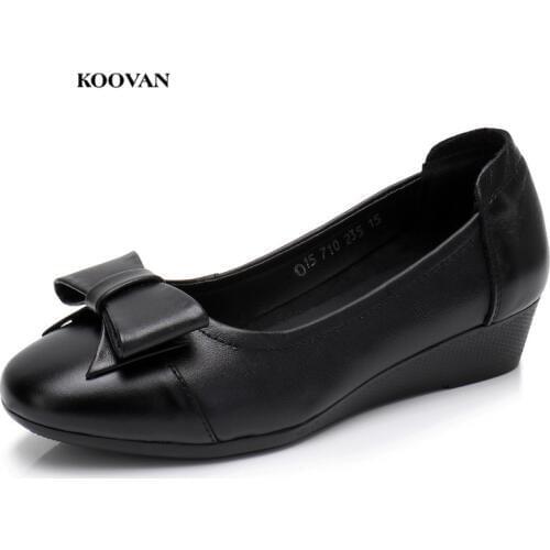 Koovan Mamas Leather Shoes 2018 Spring And Autumn Womens Shoes Middle-aged Cowhide Mothers Shoes Non-slip Flats Bows