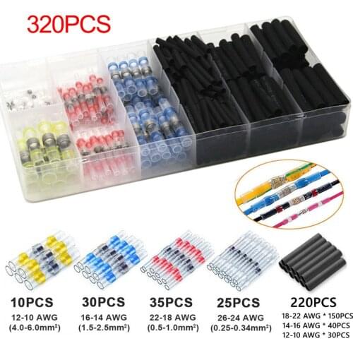 320pcs Mixed Solder Sleeve Heat Shrink Butt Wire Splice Terminal Connector Electrical Cable Splice Tinned Terminals Universal