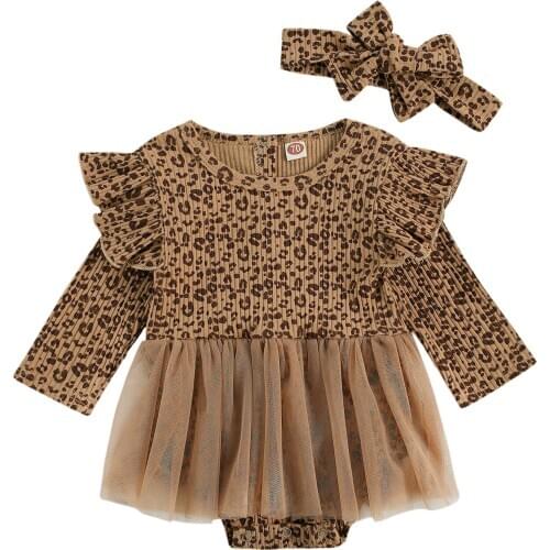 OPPERIAYA Newborn Baby Girls Autumn casual Leopard Print Long Lace Sleeve Short Yarn Bodysuit and Hairband 2-piece lovely Suits