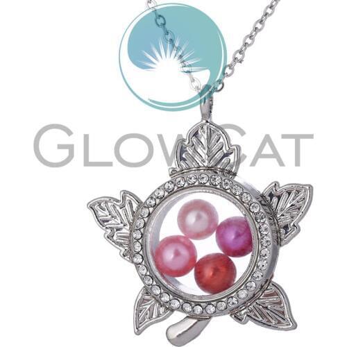 Plant Leaf Rhinestone Necklace Glass Living Memory Photo Locket Pearl Cage Pendant 50cm Steel Chain Necklace
