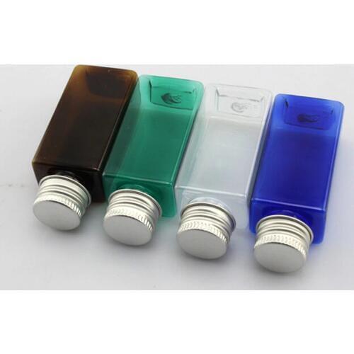 30ml square shape aluminum cap bottle,amber PET plastic bottles,small metal lid bottle,Cosmetic Empty Jar Refillable Packaging