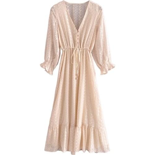 Elegant A Line Solid Color Midi Dress Women V Neck Butterfly Sleeve Sundress With Belt Ladies Summer Casual Dresses