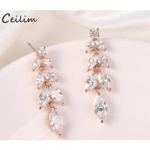 Luxury Fashion Leaf Zircon Drop Earrings for Women Rose Gold Color Long Crystal Wedding Earrings Bridal Jewelry Gift brinco