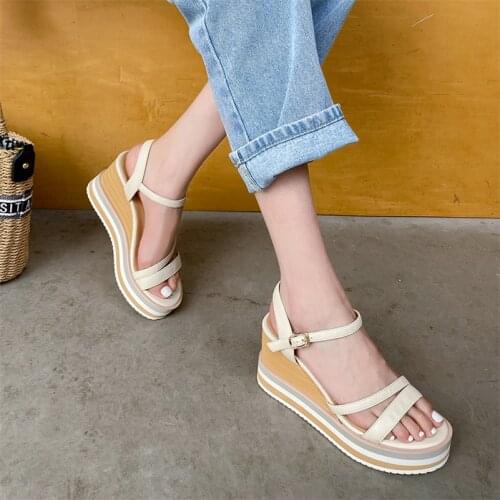 Meotina Women Shoes Natural Genuine Leather Sandals Wedge Super High Heel Sandals Round Toe Cow Leather Ladies Footwear Summer