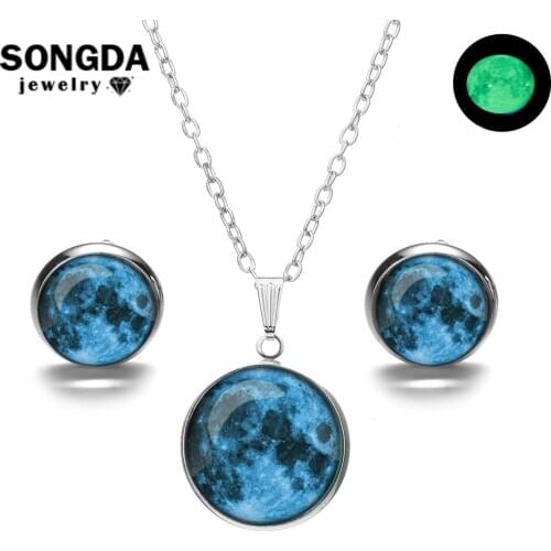 SONGDA Glow in the Darkness Jewelry Sets 10 Style Galaxy Planet Glass Luminous Gem Necklace Earrings Jewellery Sets for Women