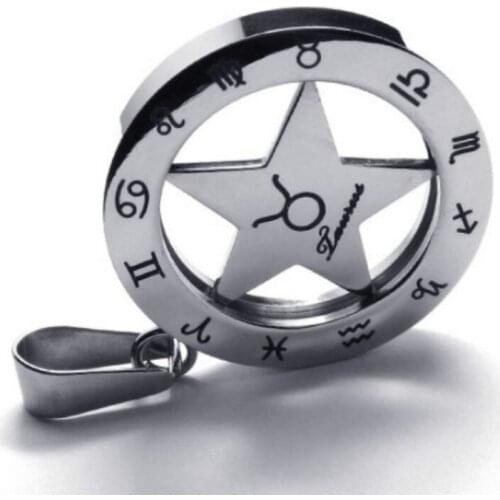 Vintage Stainless Steel 25mm Round Circle Star 12 Zodiac Taurus Pendant Necklace Jewelry With Bead Chains