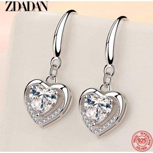 ZDADAN 925 Sterling Silver Heart Shaped Zircon Dangle Earrings For Women Fashion Jewelry Party Gift