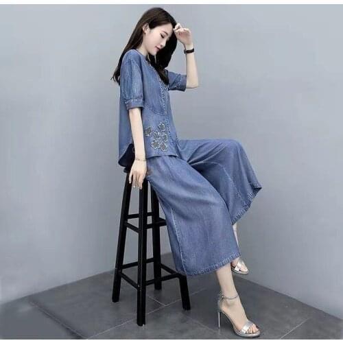 Womens Casual Outfits 2021 New Summer Fashion Ethnic Tribal Style Denim Crop Top Wide Leg Pant Two Piece Set Plus Size Clothing