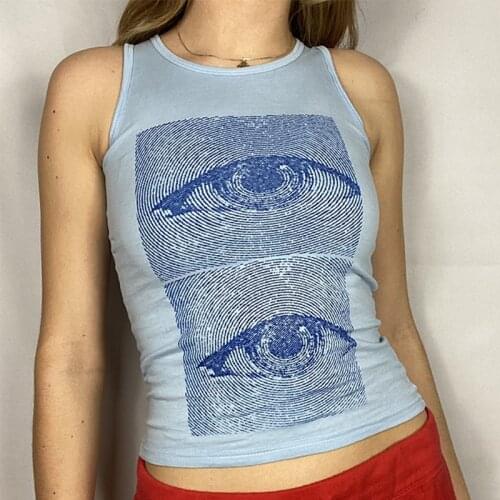 Women Eyes Printed Round Neck Blue Crop Top Tank Tops Women 2021 Summer Basic Elastic Sleeveless Vest Vintage Fashion Streetwear