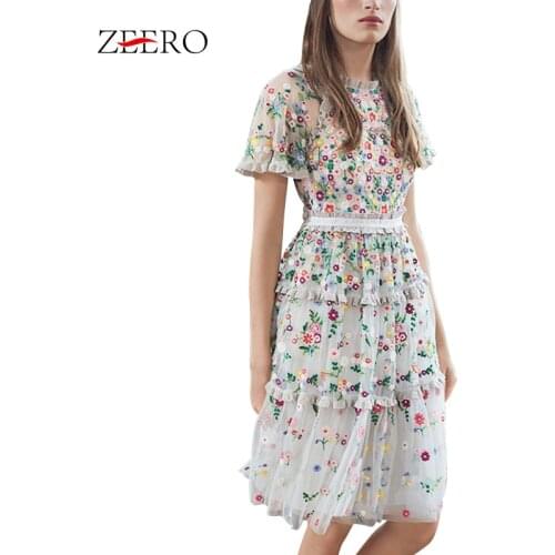 2019 Summer Vintage Runway Dress Sweet Flower Embroidery Lace Mesh Dress Elegant Women Ruffles Ciub Party Midi Dress Vestidos