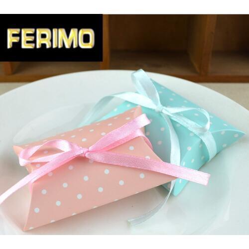10pcs Pink and Blue Pillow Box Dots Paper Candy Boxes Wedding Favors Package Birthday Party Favor Bags Gift Box with Ribbon