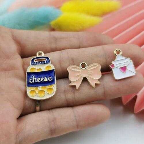 10pcs/Lot Alloy Bow Love Heart Envelope Canned Food Shape Enamel Charms Earring Bracelet Pendant Keychain Diy Accessories