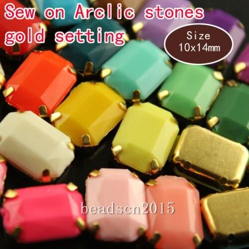 20pcs rectangle 10x14mm Candy colorful acrylic sew on stones with gold claw setting 4 holes For Clothes Dress Crafts