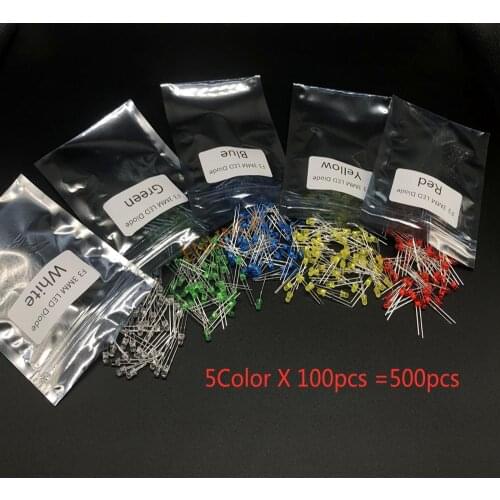 500Pcs/lot F3 3MM LED Diode Kit Mixed Color Red Green Yellow Blue White