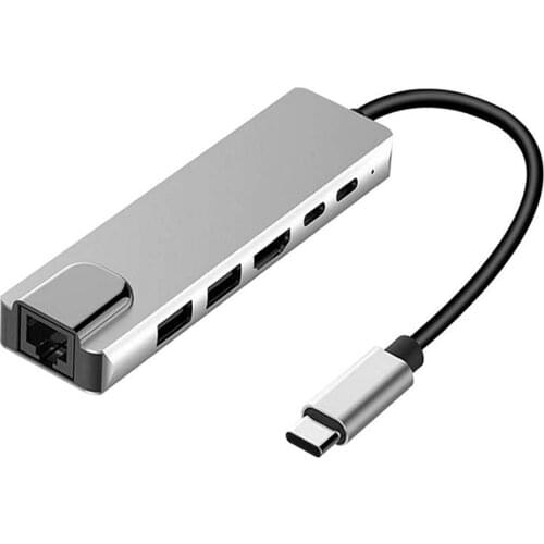 6 in 1 USB Type C HDMI-compatible Hub Output USB 3.0 USB 2.0 RJ45 Ethernet Port USB C PD Charging Adapter for thinkpad