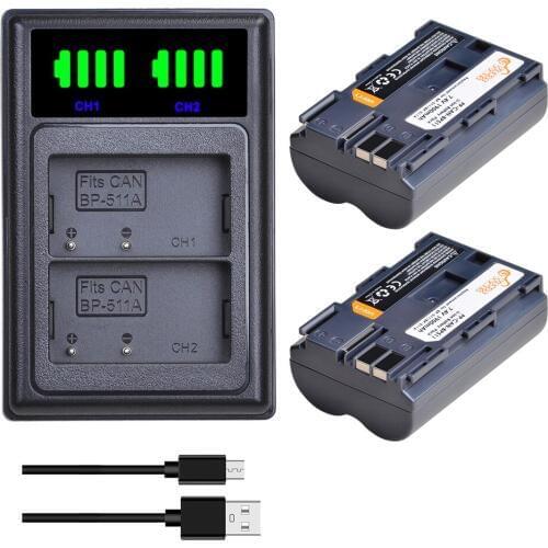 1900mAh BP-511A BP-511 BP 511 511A BP511 BP511A Battery +LED USB Charger for Canon EOS 40D 300D 5D 20D 30D 50D 10D D60 G6 camera