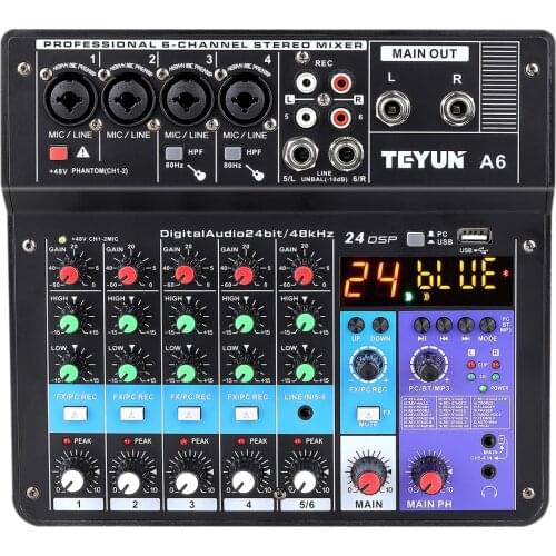 Wireless 6-Channel Audio Mixer Portable Sound Mixing Console USB Interface Computer Input 48V Phantom Power Monitor for Input