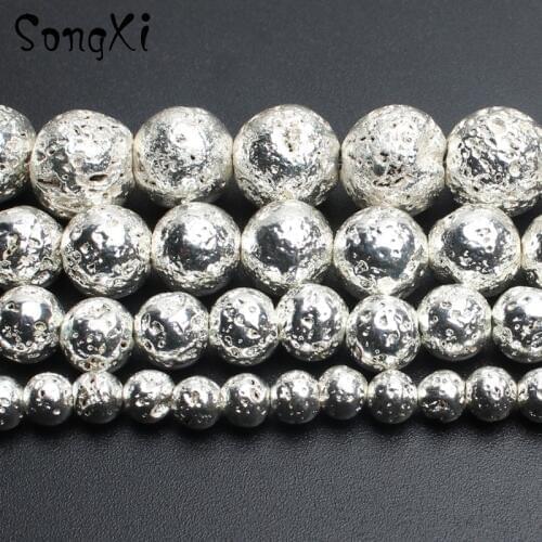 Wholesale Silver Color Volcanic Rock Lava Beads for Jewelry Making Natural Stone Beads Diy Necklace Bracelet 4/6/8/10mm 15 Inch