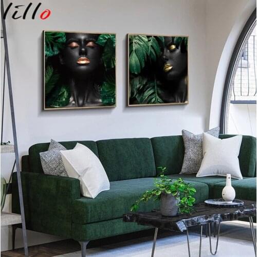 Black woman green leaf canvas painting sexy girl wall art posters and prints nude wall pictures for living room decor