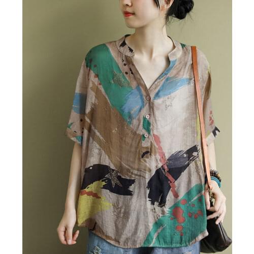 Cotton Vintage Print V-Neck Blouses Femme Blusas 2021 Summer New Arts Style Plus Size Women Short Sleeve Loose Shirts