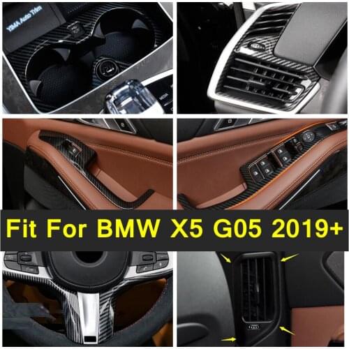 Interior Refit Kit Air AC Outlet / Water Cup Holder / Steering Wheel Cover Trim ABS For BMW X5 G05 2019 - 2021 Carbon Fiber