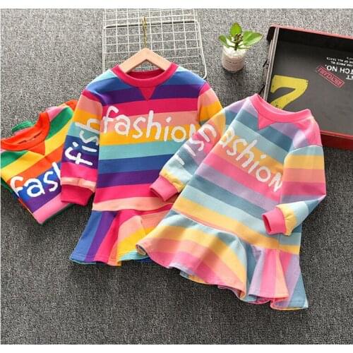 KEAIYOUHUO 2021 Spring New Fashion Little Girls Cute Rainbow Striped Trumpet Long Sleeve Dresses Children Clothes 2-7 Years Kids