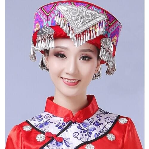 Chinese Miao Hats For Women Miao Hmong Dance Headdress Miao Hair Accessories Traditional Headpiece Cap Stage Performance
