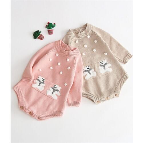 Cartoon bear embroidery long sleeve romper baby boy/girls jumpsuit for newborn onesie toddler knitted clothing children outfits