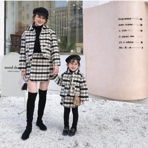 Mommy And Daughter Matching Clothes Sets Fashion Korean Plaid High Quality Woolen Coat Skirt 2pcs 2 3 4 5 6 7 Years Baby Suits