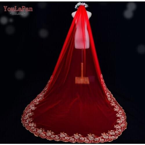 YouLaPan V87 Red Wedding Veil with Glod Crystal Edge 3 M Long Wedding Veils With Lace Applique Marry Veil Chapel Veil Boho Veil
