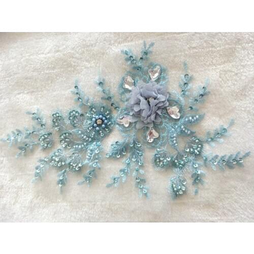 1 Pair Pale Blue Lace Applique, 3D Rhinestone Flower Lace Applique, Crystal Trims Embroidered Beaded Sequins Lace Motif