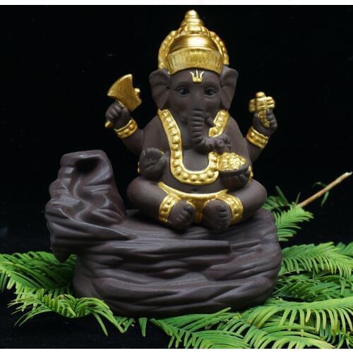 Ganesha backflowing incense burner base purple sand golden painting home decor figurines ornaments sandalwood decoration