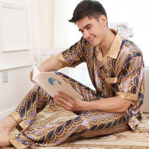 Printed Summer Man Pajamas Big Size Silk Home Costumes Short Sleeves Goods For Home And Comfort Satin Sleepwear Plus Size 2020